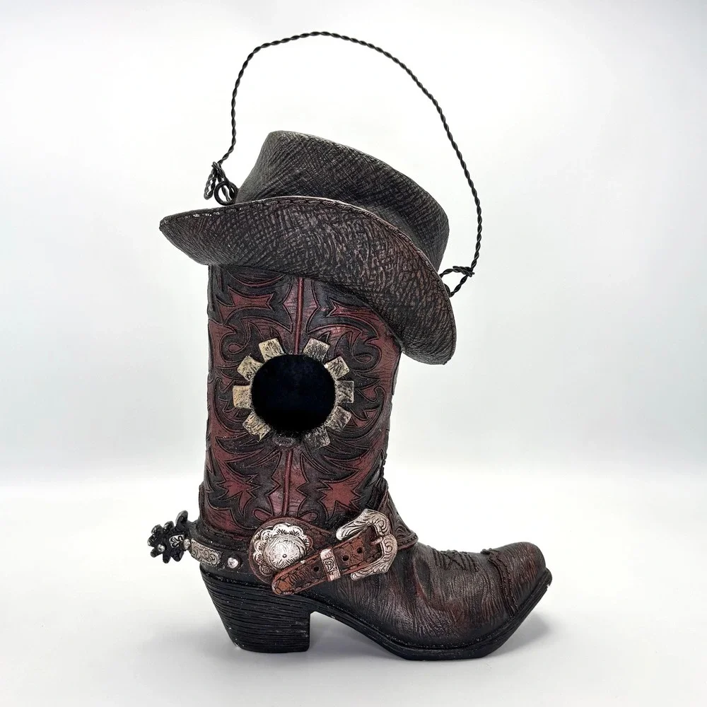Western Cowboy Boot Birdhouse Resin Hanging Rustic Outdoor Garden Decor Hat Spur